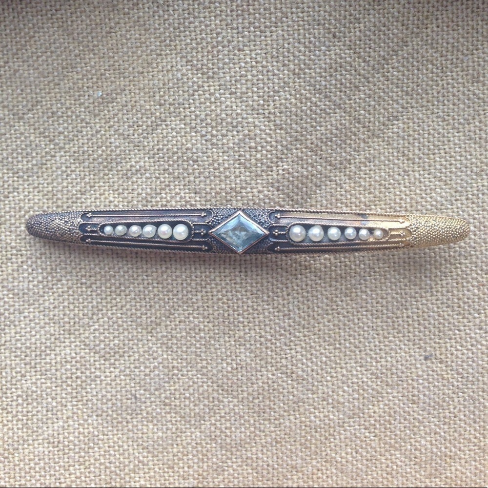 Antique 9k Gold Blue Sapphire Pearls Bar Pin
